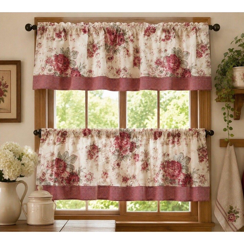 Vintage Waverly Garden Room Norfolk Rose Gingham Valance 68"x18" Shabby Cottage